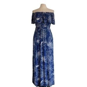 Soma‎ Blue White Floral Soft Off Shoulder Ruffle Maxi Dress XS